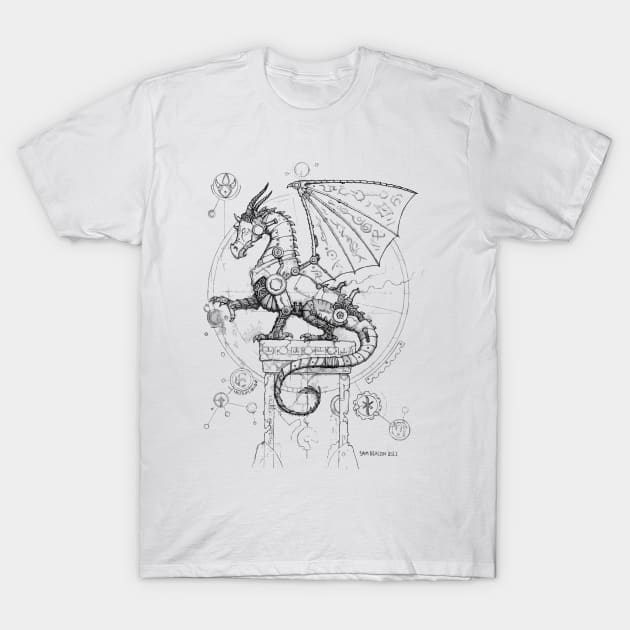 Steampunk Dragon (full composition - black lineart) T-Shirt by SamDeaconArt
